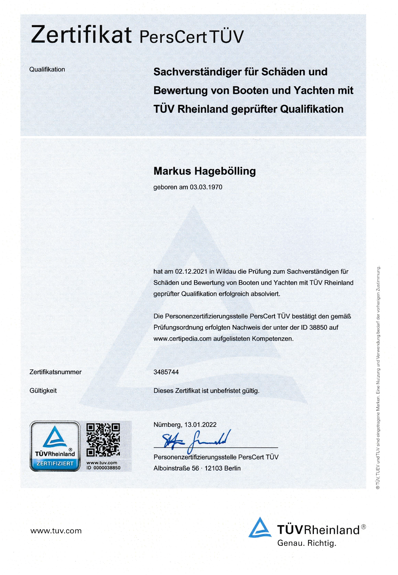 M. Hageboelling Zertifikat TÜV Rheinland